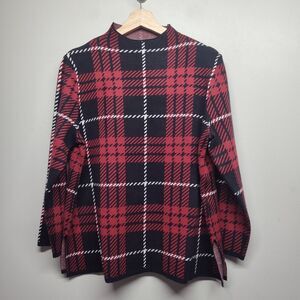 New Ann Klein Sweater Women Size L Red Plaid Stretch Mock Neck Holiday Preppy